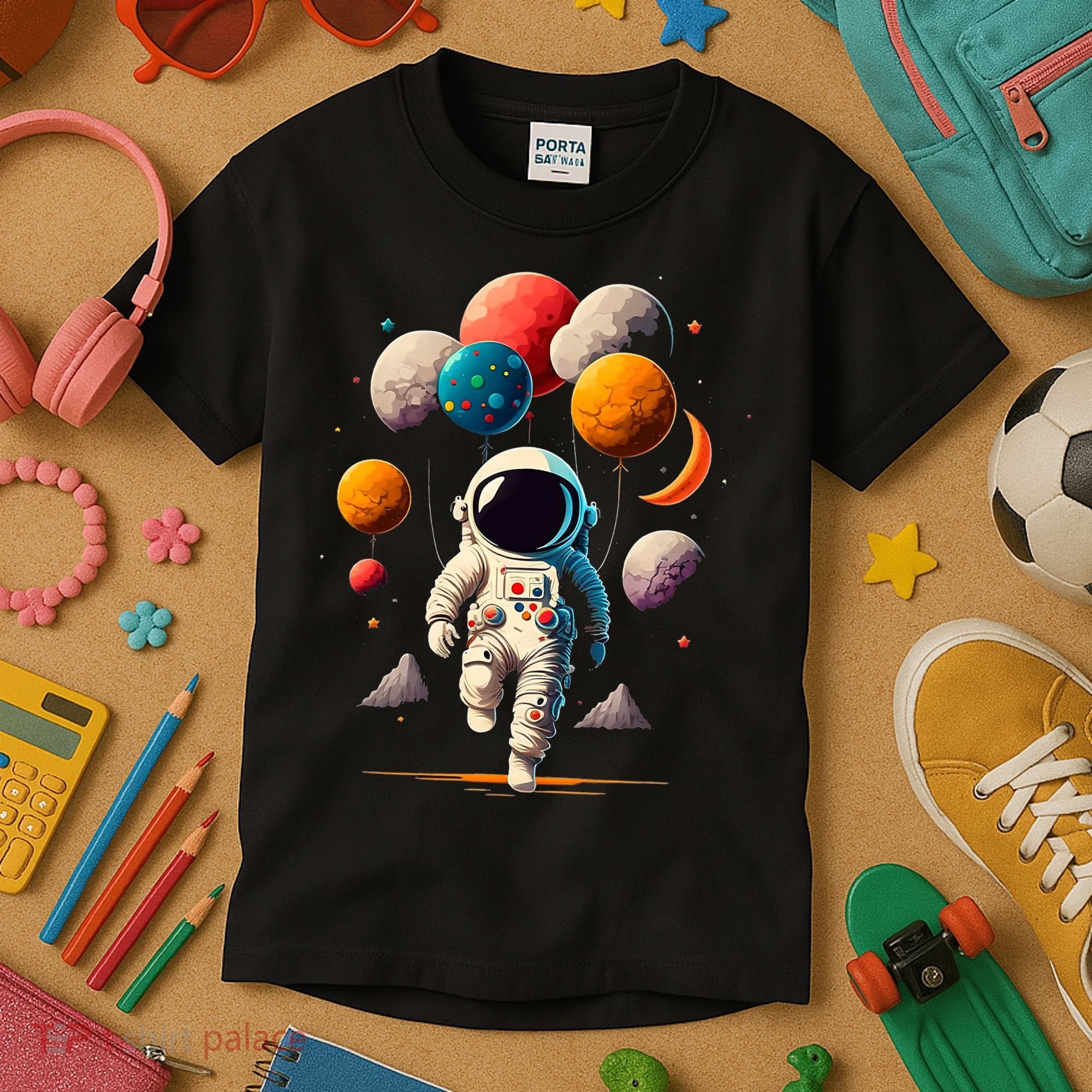 Astronaut holding Planet Balloons Solar System space Kids T-Shirt