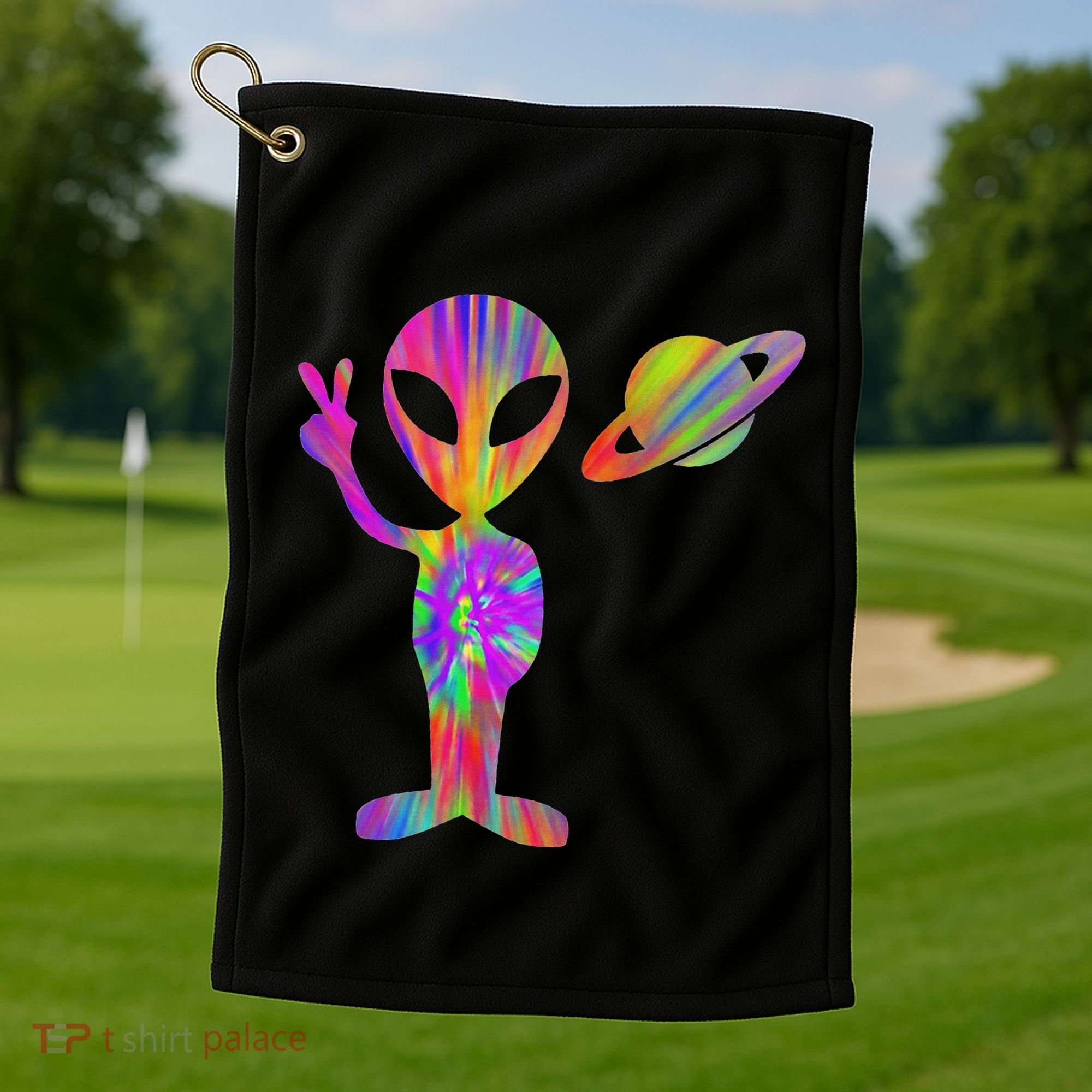 Alien Hippie Saturn Silhouette I Aliens Ufo Roswell Tie Dye Golf Towel