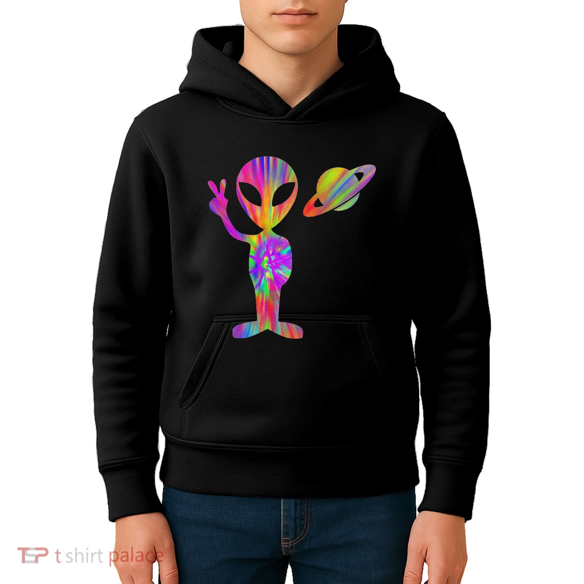 Alien Hippie Saturn Silhouette I Aliens Ufo Roswell Tie Dye Kids Hoodie