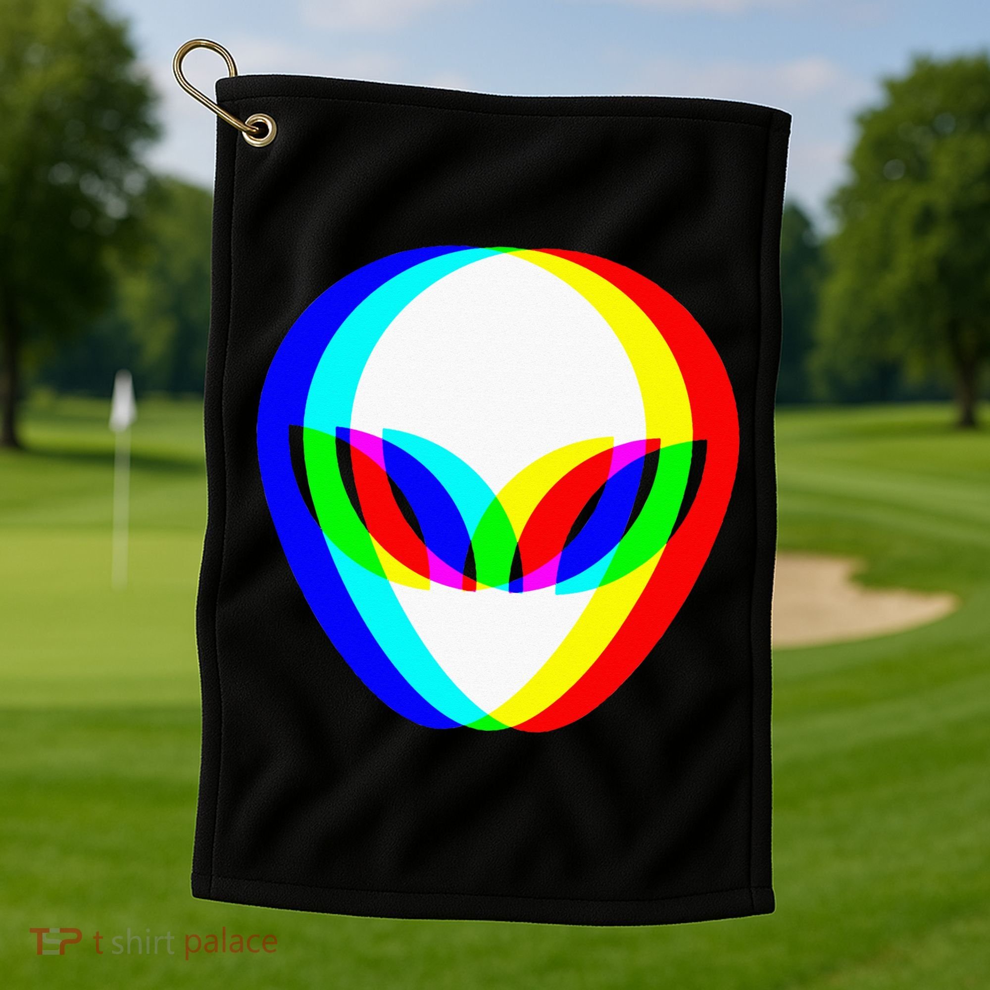 Alien Head Trippy Vaporwave Techno Rave EDM Music Festival Golf Towel