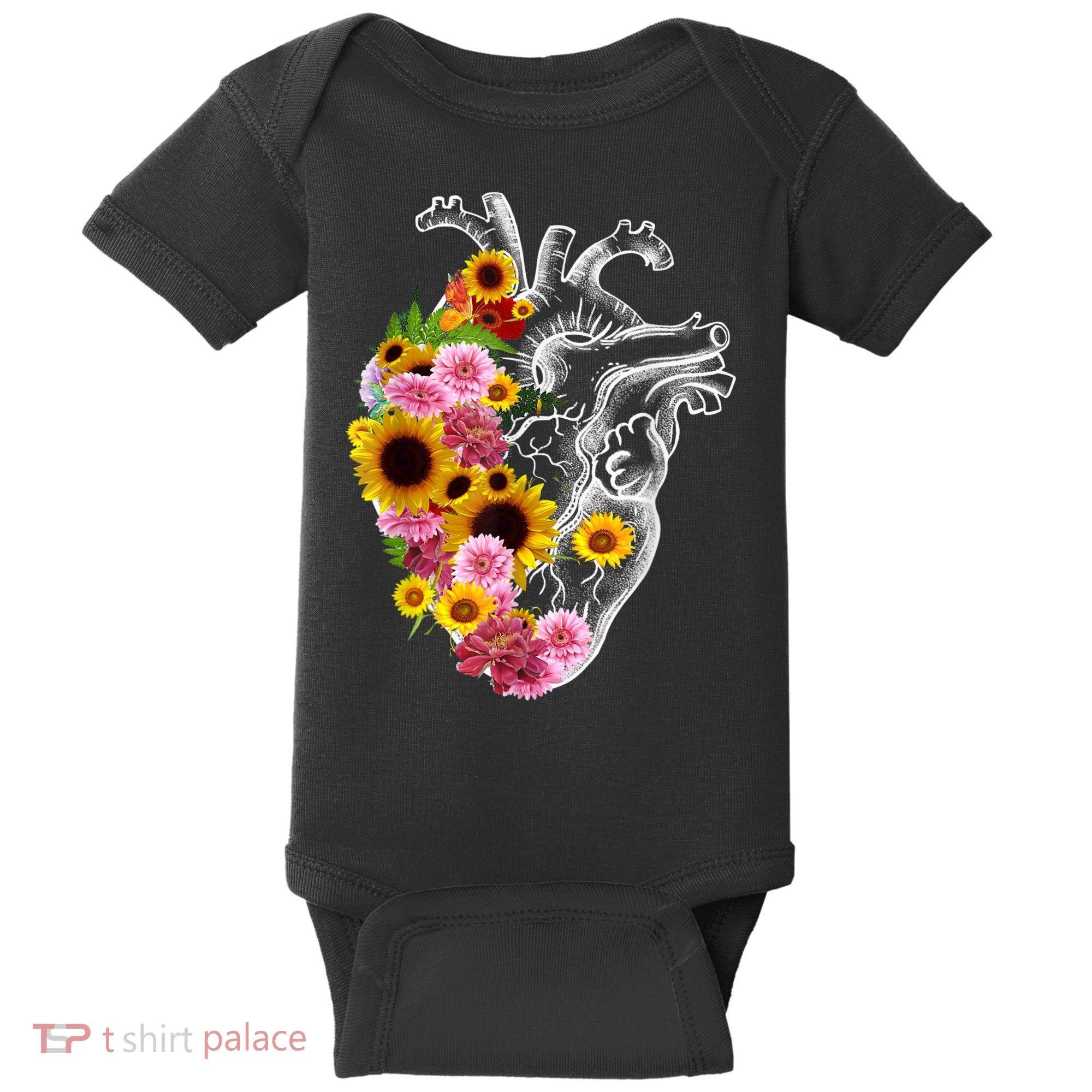 Anatomical Heart With Flowers, Botany Body Anatomy Baby Bodysuit