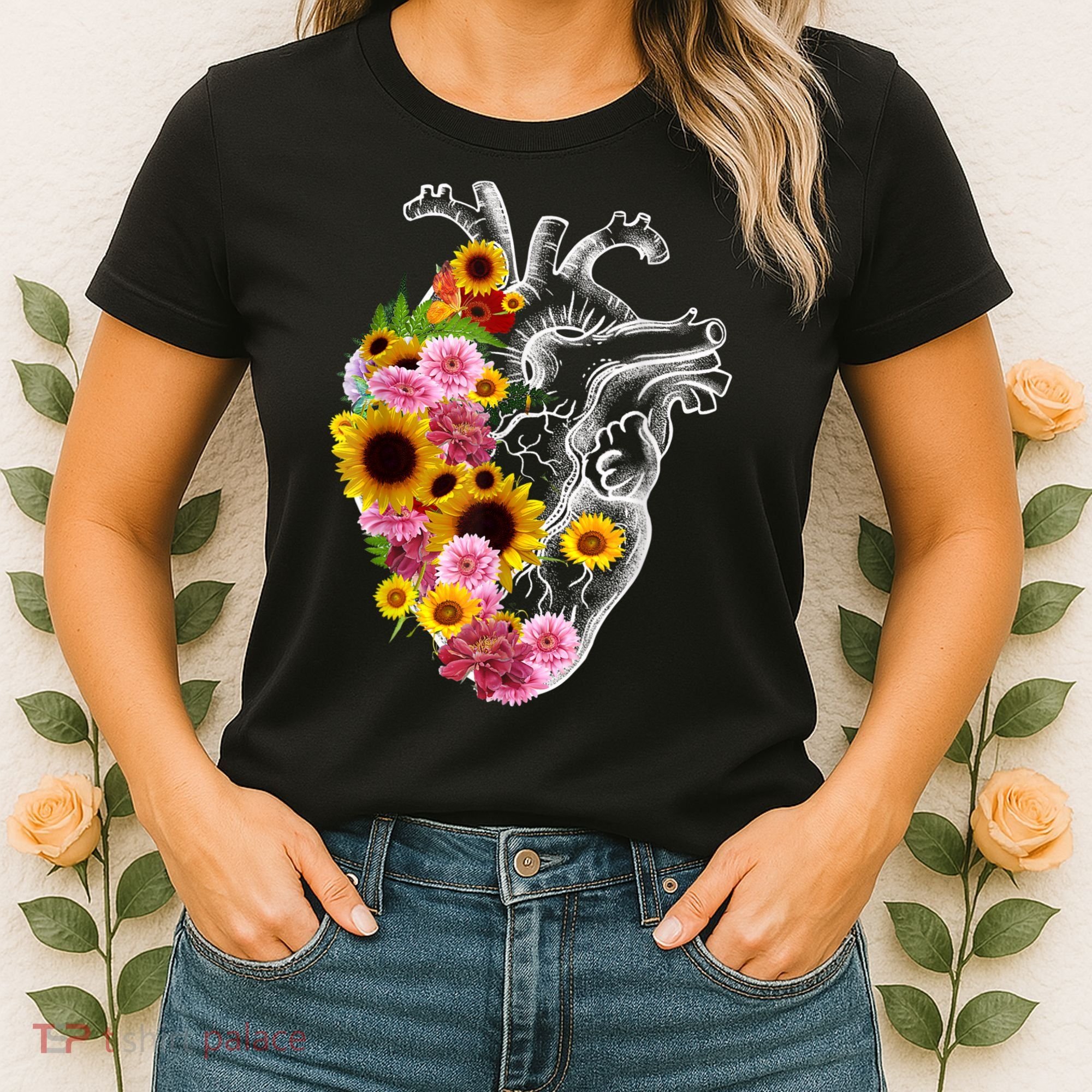 Anatomical Heart With Flowers, Botany Body Anatomy Women's T-Shirt