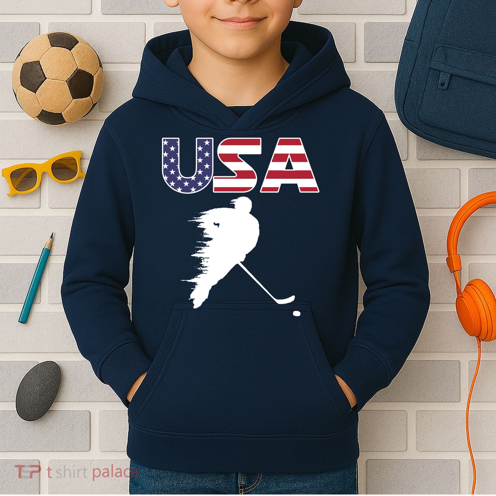 America Ice Hockey USA Flag Kids Hoodie