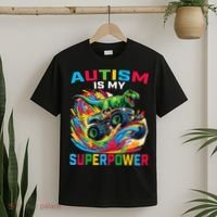 Autism Is My Superpower Dino T Rex Monster Truck T-Shirt thumb 2
