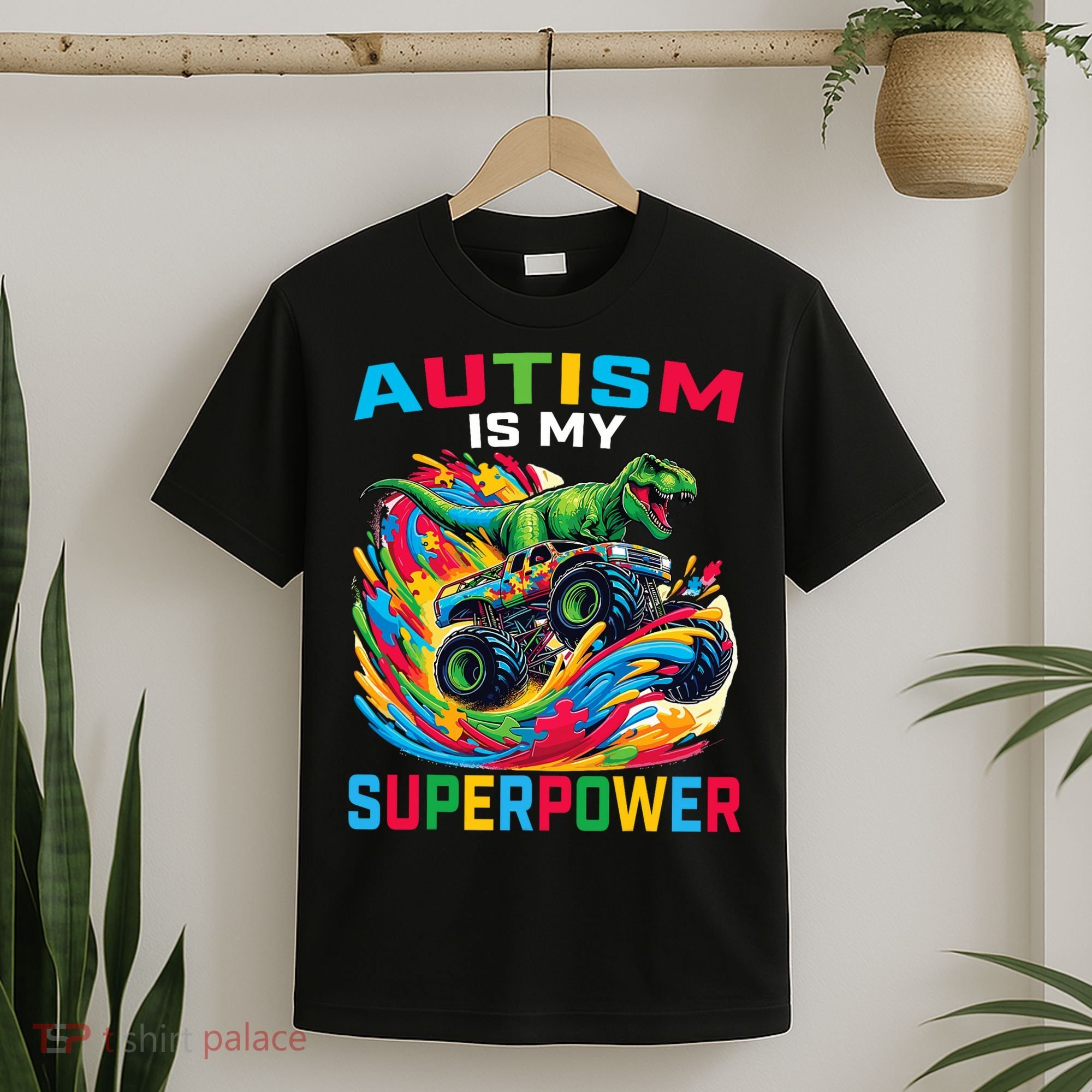 Autism Is My Superpower Dino T Rex Monster Truck T-Shirt