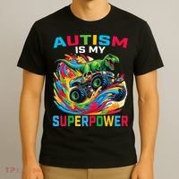 Autism Is My Superpower Dino T Rex Monster Truck T-Shirt thumb 3