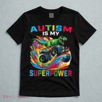 Autism Is My Superpower Dino T Rex Monster Truck T-Shirt thumb 5
