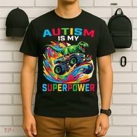 Autism Is My Superpower Dino T Rex Monster Truck T-Shirt thumb 6