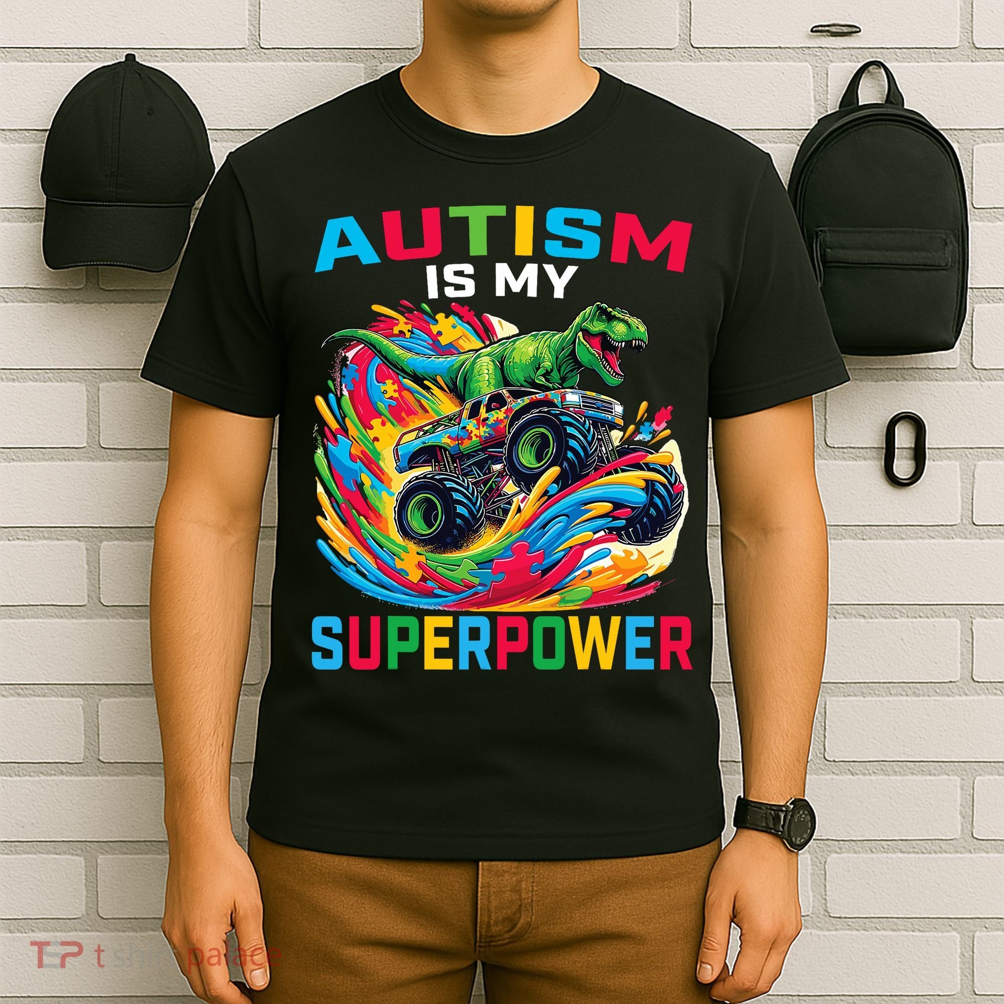Autism Is My Superpower Dino T Rex Monster Truck T-Shirt
