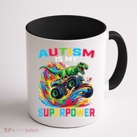 Autism Is My Superpower Dino T Rex Monster Truck Coffee Mug thumb 1