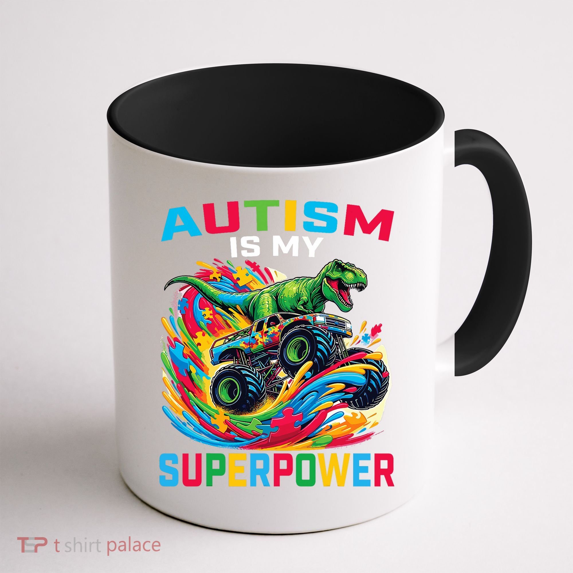 Autism Is My Superpower Dino T Rex Monster Truck Coffee Mug