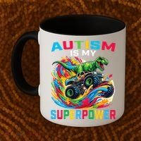 Autism Is My Superpower Dino T Rex Monster Truck Coffee Mug thumb 2
