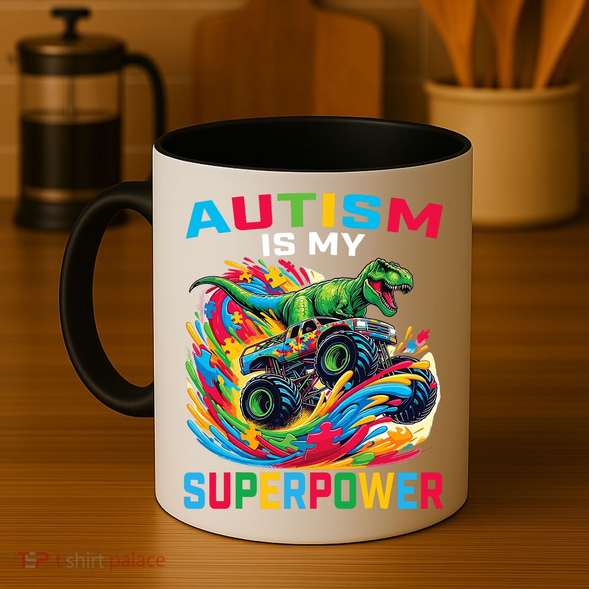 Autism Is My Superpower Dino T Rex Monster Truck Coffee Mug