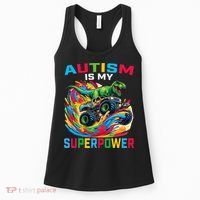 Autism Is My Superpower Dino T Rex Monster Truck Women's Tank Top thumb 0