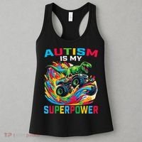 Autism Is My Superpower Dino T Rex Monster Truck Women's Tank Top thumb 3