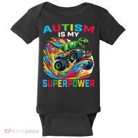 Autism Is My Superpower Dino T Rex Monster Truck Baby Bodysuit thumb 0