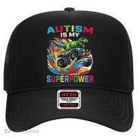 Autism Is My Superpower Dino T Rex Monster Truck Hat thumb 0