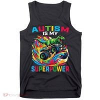 Autism Is My Superpower Dino T Rex Monster Truck Tank Top thumb 0