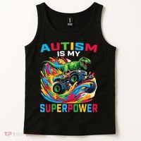 Autism Is My Superpower Dino T Rex Monster Truck Tank Top thumb 2