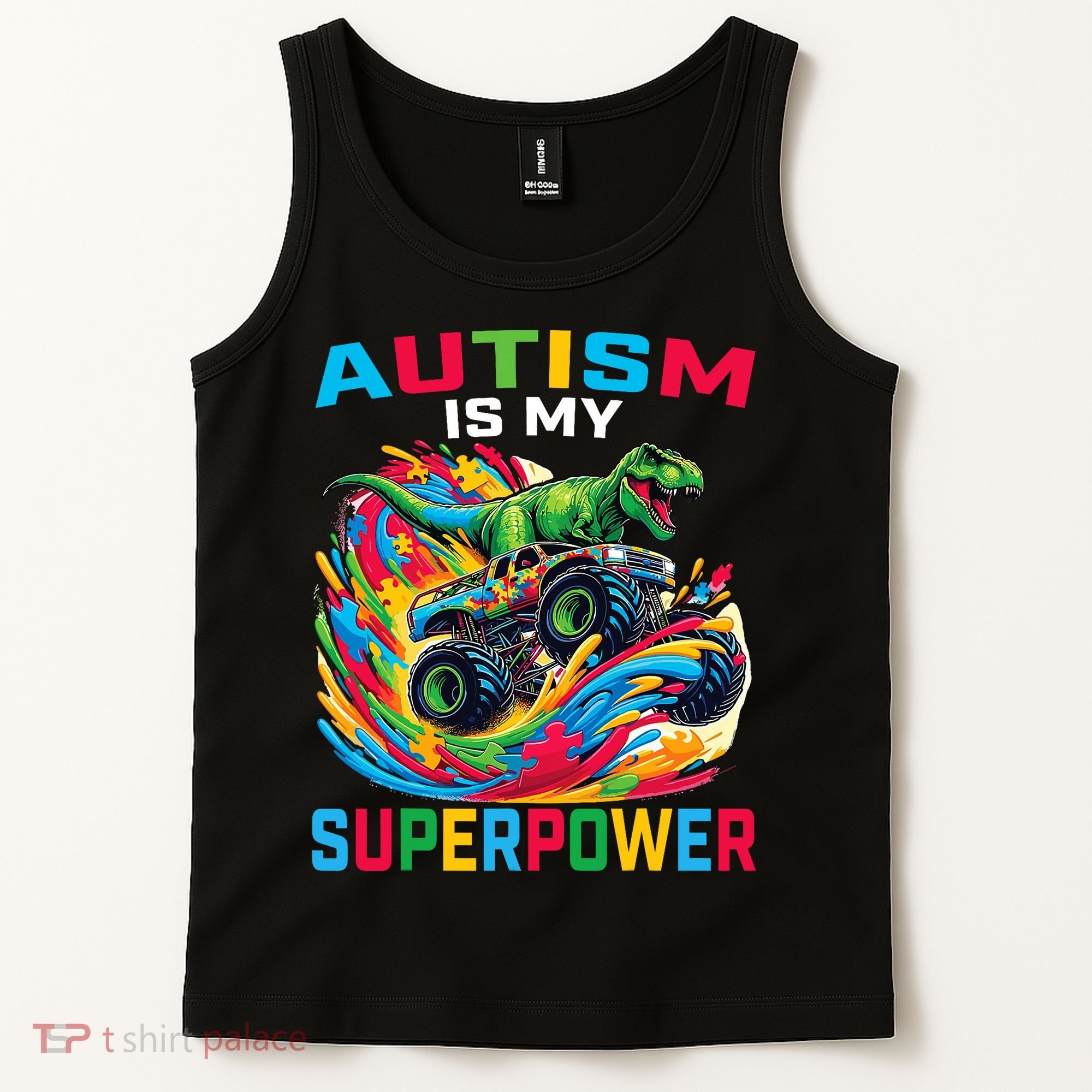 Autism Is My Superpower Dino T Rex Monster Truck Tank Top