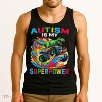 Autism Is My Superpower Dino T Rex Monster Truck Tank Top thumb 3