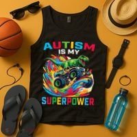 Autism Is My Superpower Dino T Rex Monster Truck Tank Top thumb 4