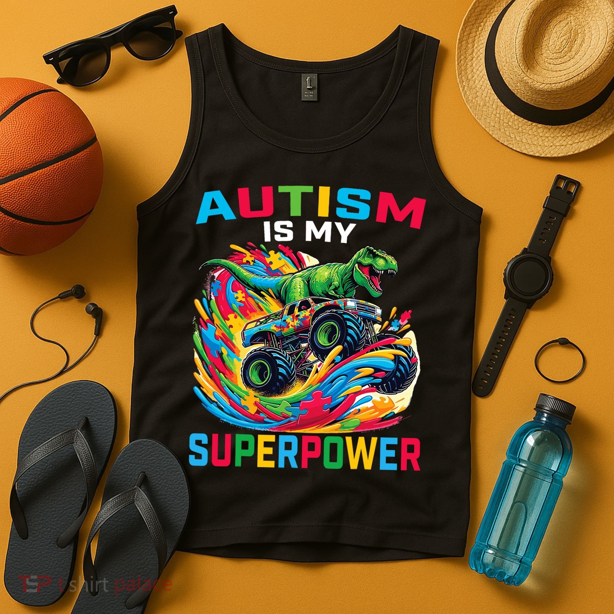 Autism Is My Superpower Dino T Rex Monster Truck Tank Top