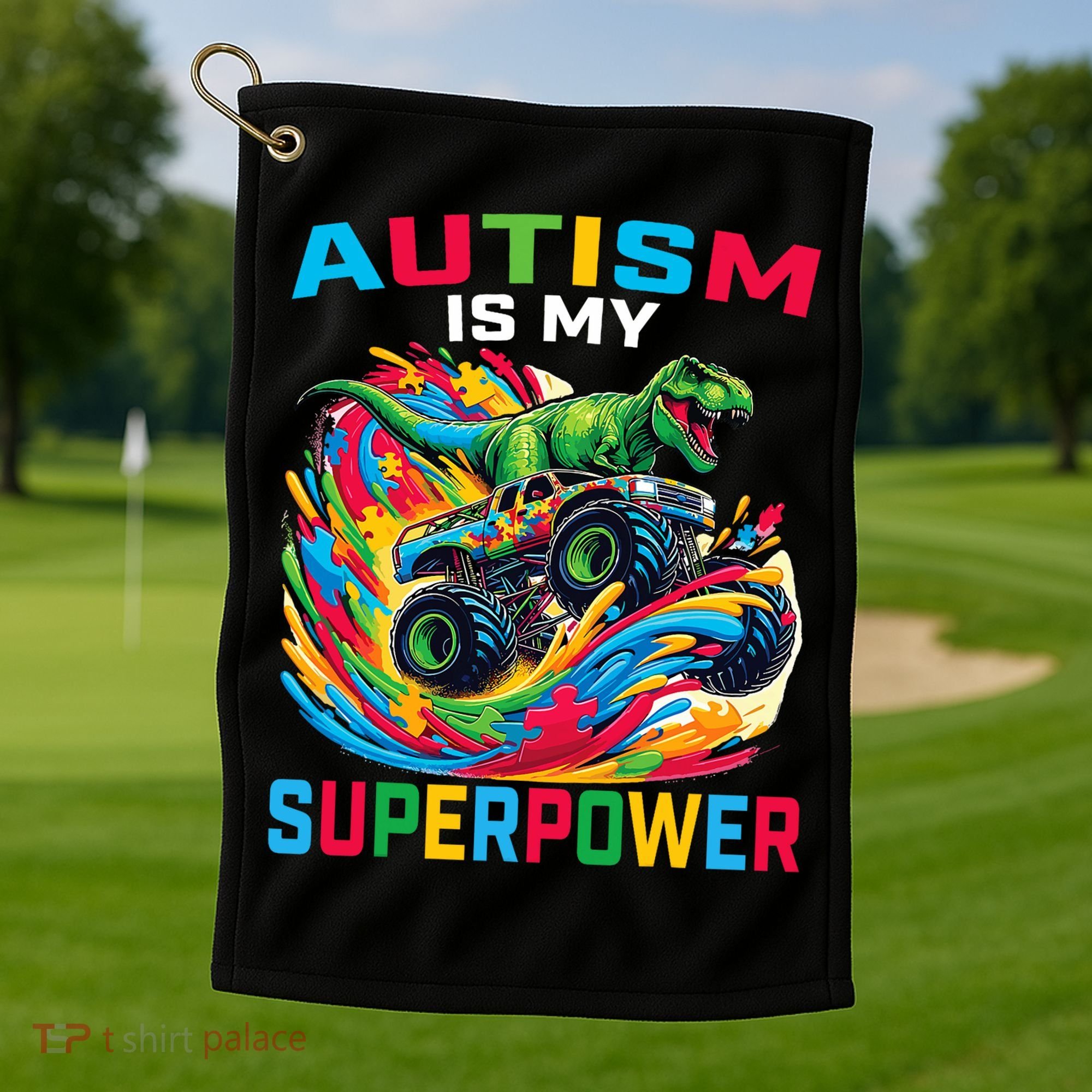 Autism Is My Superpower Dino T Rex Monster Truck Golf Towel