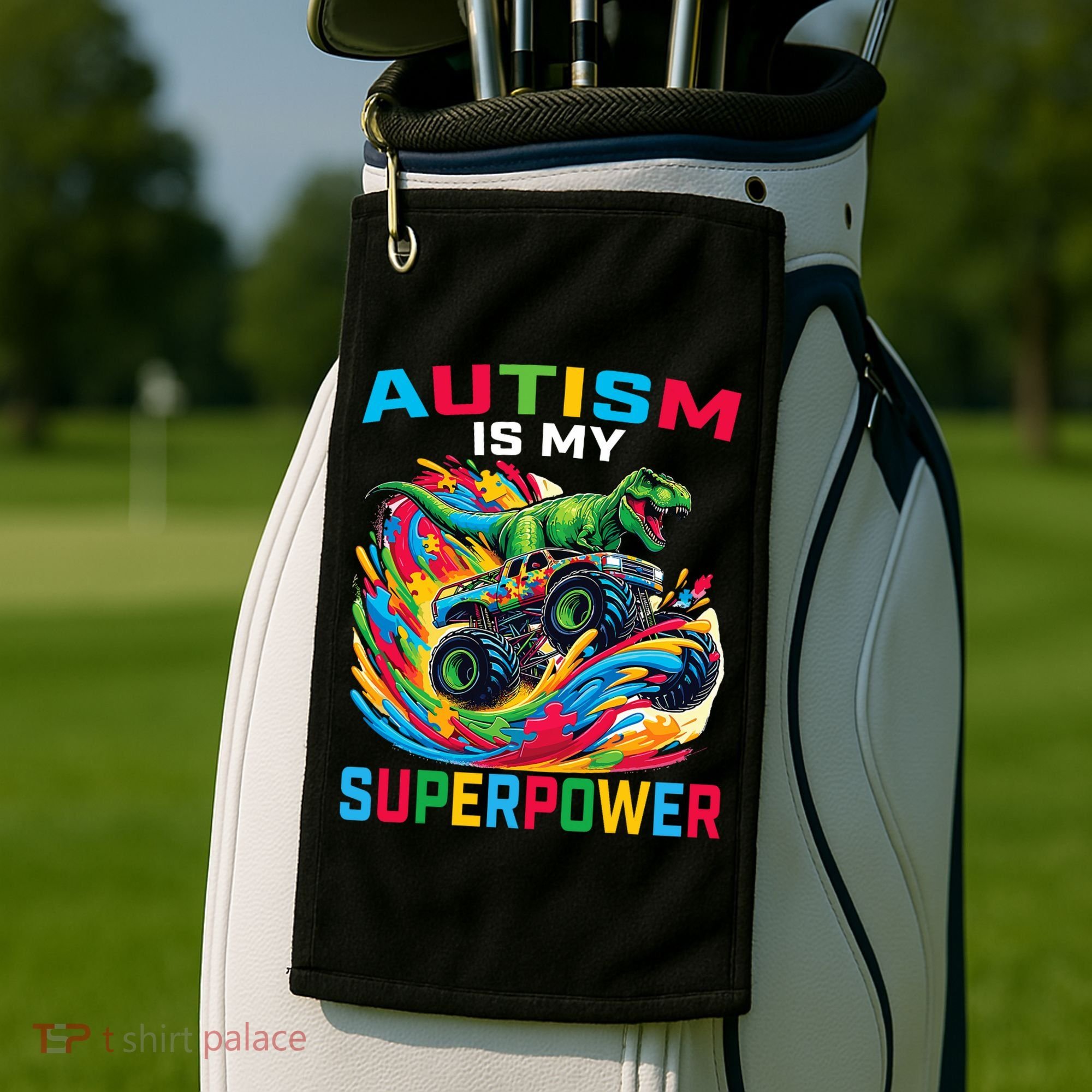 Autism Is My Superpower Dino T Rex Monster Truck Golf Towel