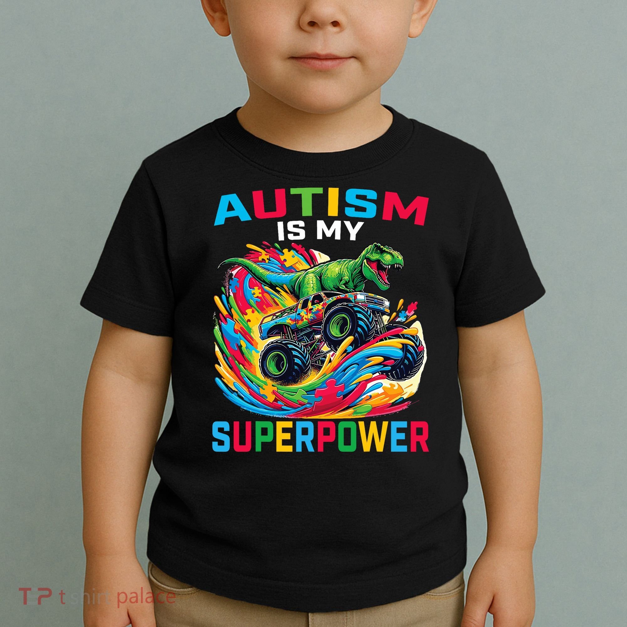 Autism Is My Superpower Dino T Rex Monster Truck Toddler T-Shirt
