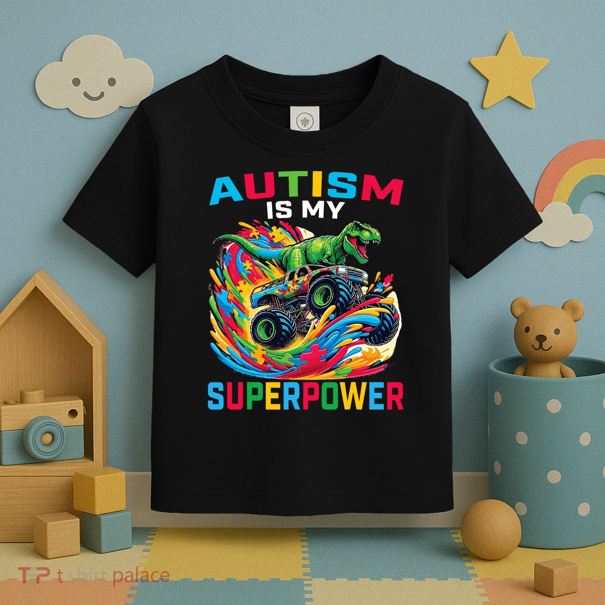 Autism Is My Superpower Dino T Rex Monster Truck Toddler T-Shirt