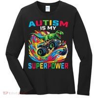 Autism Is My Superpower Dino T Rex Monster Truck Women's Long Sleeve Shirt thumb 0