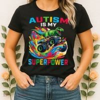 Autism Is My Superpower Dino T Rex Monster Truck Women's T-Shirt thumb 2