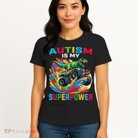 Autism Is My Superpower Dino T Rex Monster Truck Women's T-Shirt thumb 4