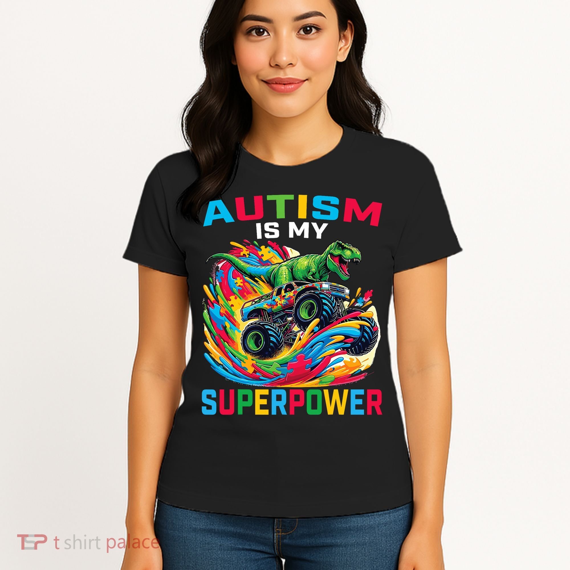 Autism Is My Superpower Dino T Rex Monster Truck Women's T-Shirt