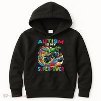 Autism Is My Superpower Dino T Rex Monster Truck Kids Hoodie thumb 0
