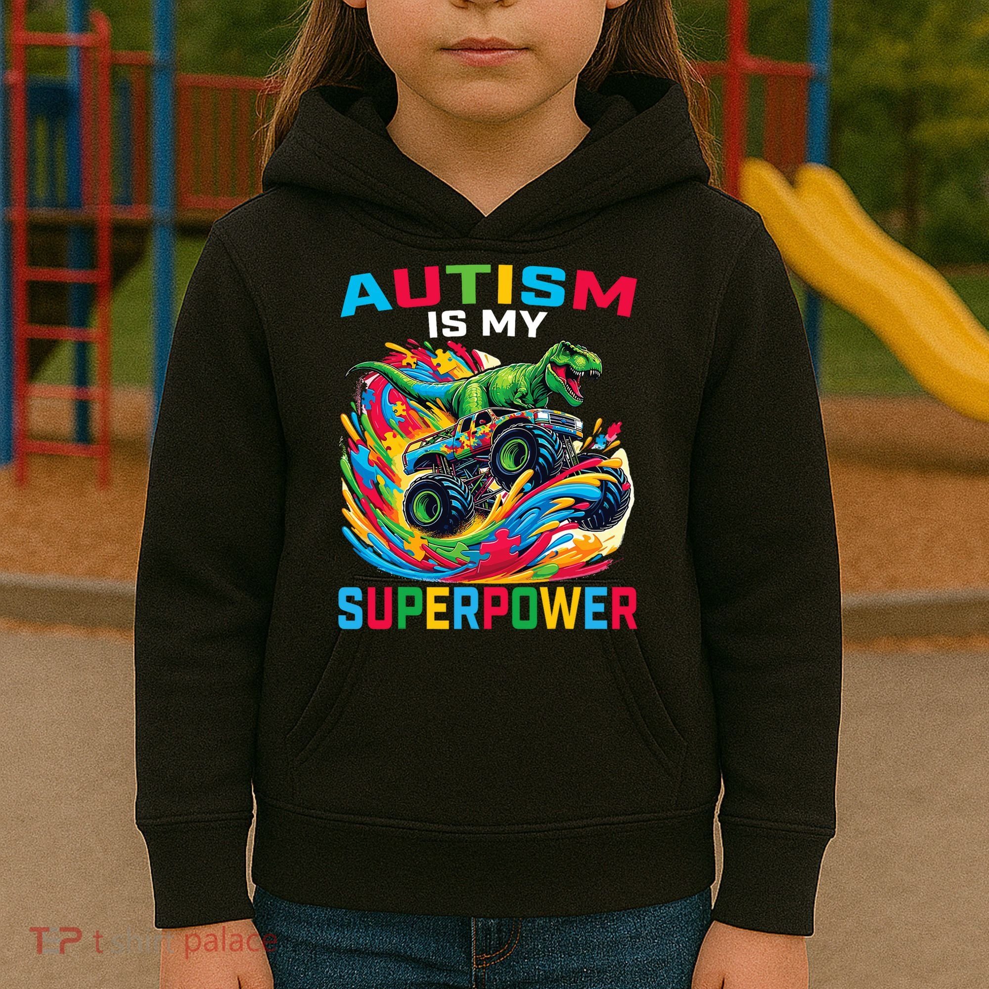 Autism Is My Superpower Dino T Rex Monster Truck Kids Hoodie