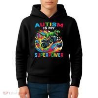 Autism Is My Superpower Dino T Rex Monster Truck Kids Hoodie thumb 4