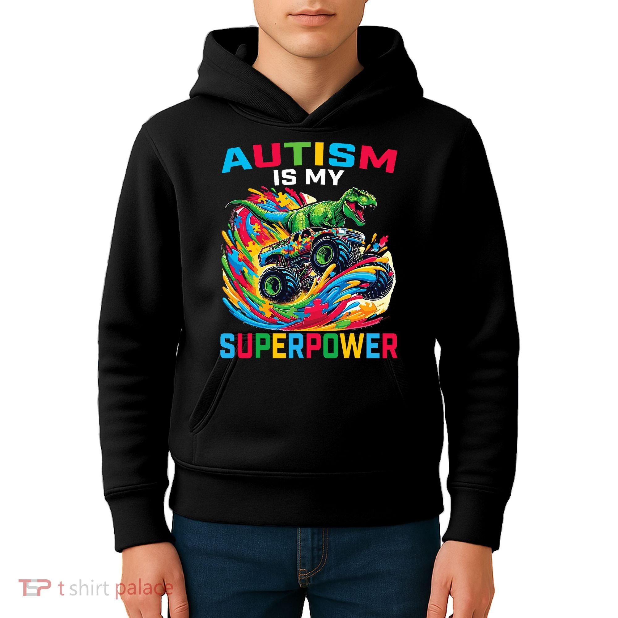 Autism Is My Superpower Dino T Rex Monster Truck Kids Hoodie