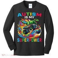 Autism Is My Superpower Dino T Rex Monster Truck Kids Long Sleeve Shirt thumb 0