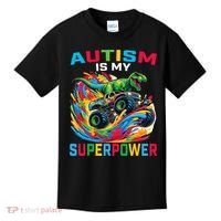 Autism Is My Superpower Dino T Rex Monster Truck Kids T-Shirt thumb 0