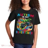 Autism Is My Superpower Dino T Rex Monster Truck Kids T-Shirt thumb 2
