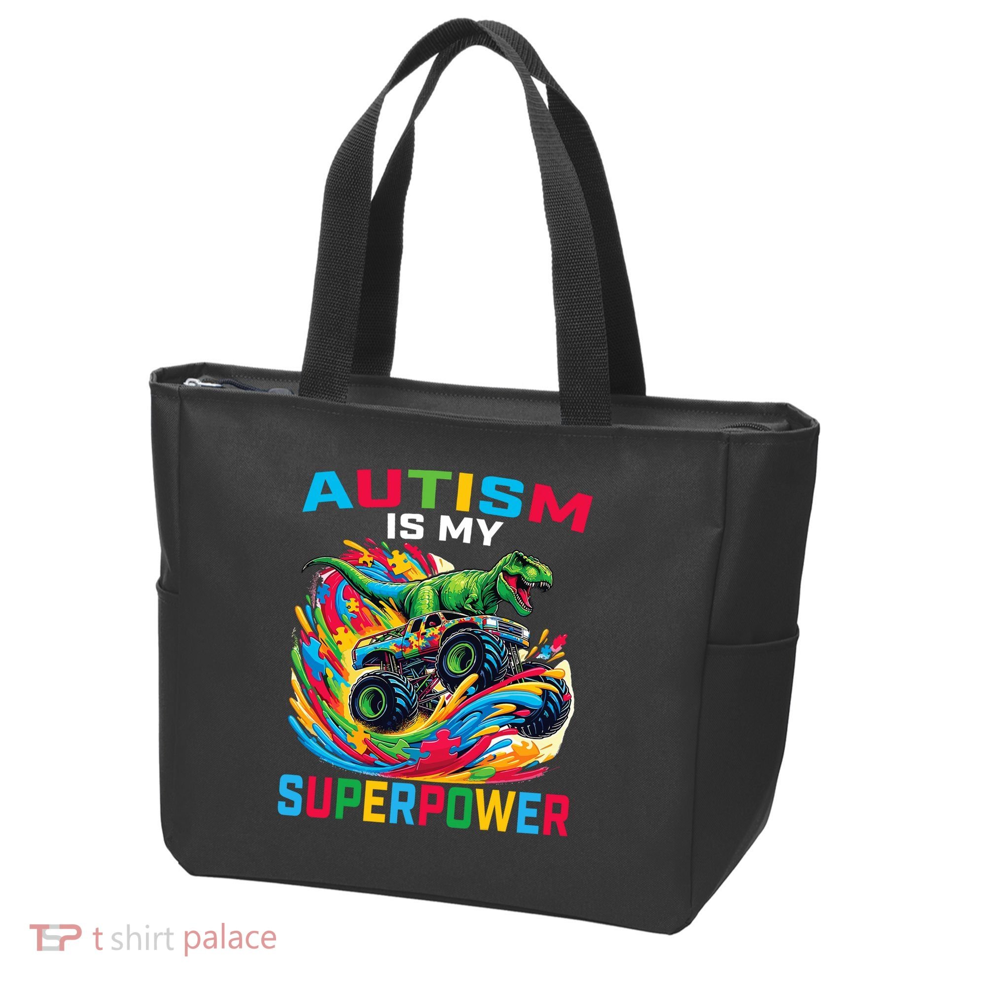 Autism Is My Superpower Dino T Rex Monster Truck Tote Bag