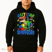 Autism Is My Superpower Autism Awareness Dinosaur Hoodie thumb 2