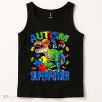 Autism Is My Superpower Autism Awareness Dinosaur Tank Top thumb 2