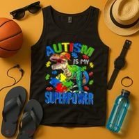 Autism Is My Superpower Autism Awareness Dinosaur Tank Top thumb 4