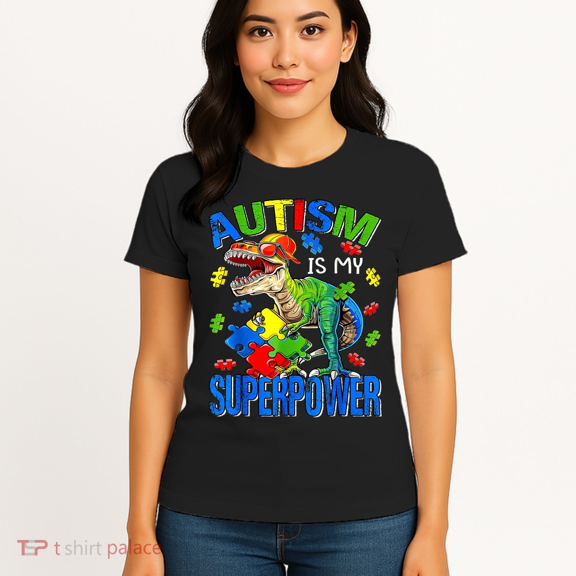 Autism Is My Superpower Autism Awareness Dinosaur Women's T-Shirt