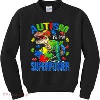 Autism Is My Superpower Autism Awareness Dinosaur Kids Sweatshirt thumb 0