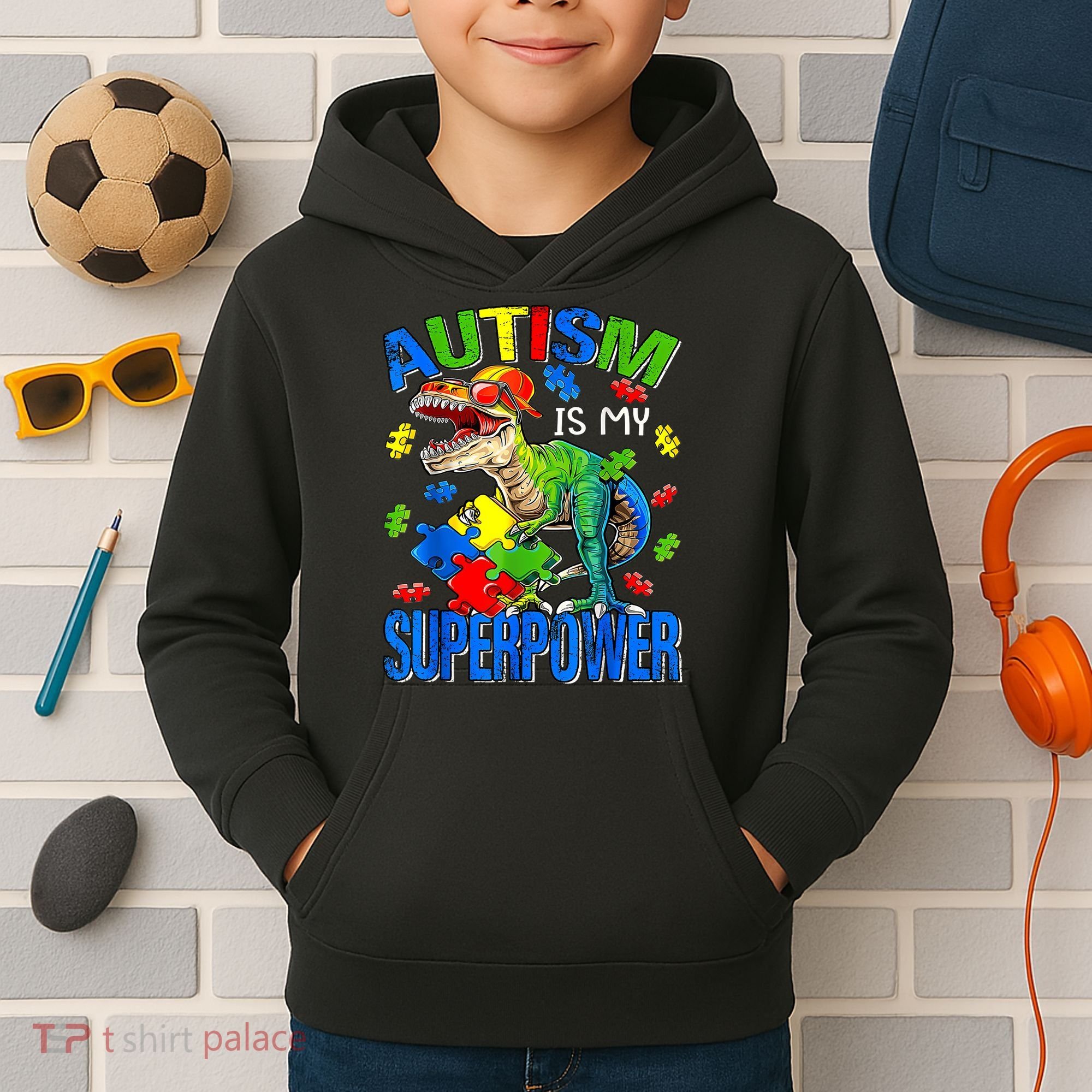 Autism Is My Superpower Autism Awareness Dinosaur Kids Hoodie