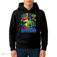 Autism Is My Superpower Autism Awareness Dinosaur Kids Hoodie thumb 4